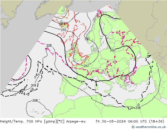 Height/Temp. 700 hPa Arpege-eu Th 30.05.2024 06 UTC