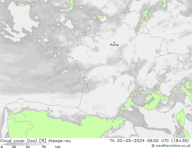 Cloud cover (low) Arpege-eu Th 30.05.2024 06 UTC