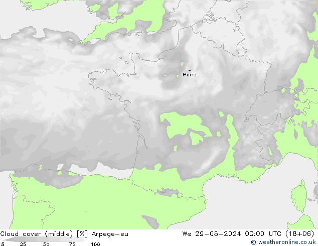 Cloud cover (middle) Arpege-eu We 29.05.2024 00 UTC