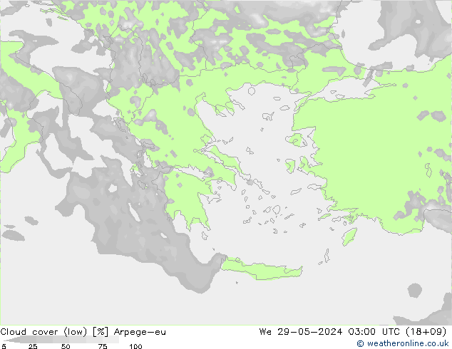 Cloud cover (low) Arpege-eu We 29.05.2024 03 UTC