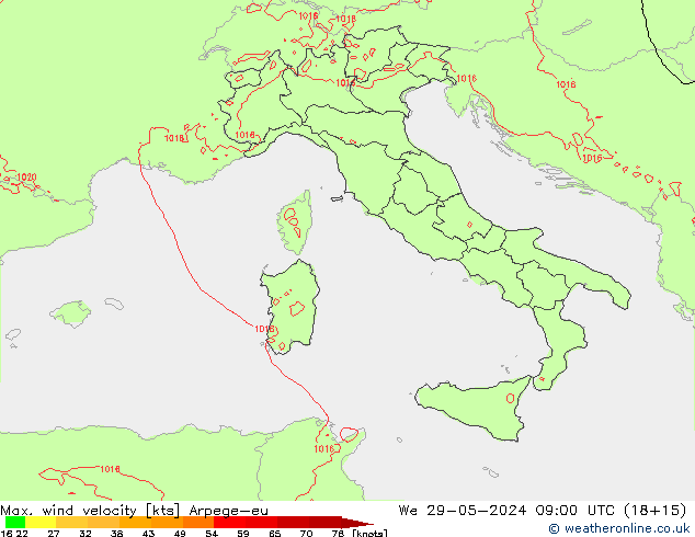Max. wind velocity Arpege-eu mer 29.05.2024 09 UTC