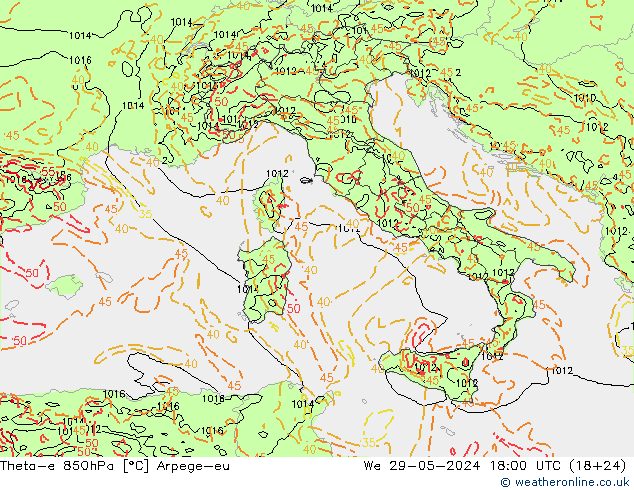 Theta-e 850hPa Arpege-eu We 29.05.2024 18 UTC