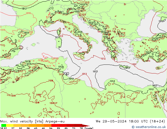 Max. wind velocity Arpege-eu Qua 29.05.2024 18 UTC