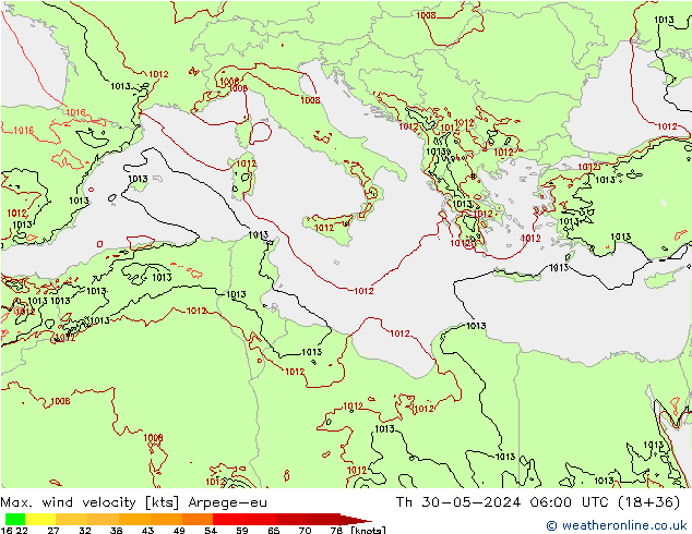 Max. wind velocity Arpege-eu Th 30.05.2024 06 UTC