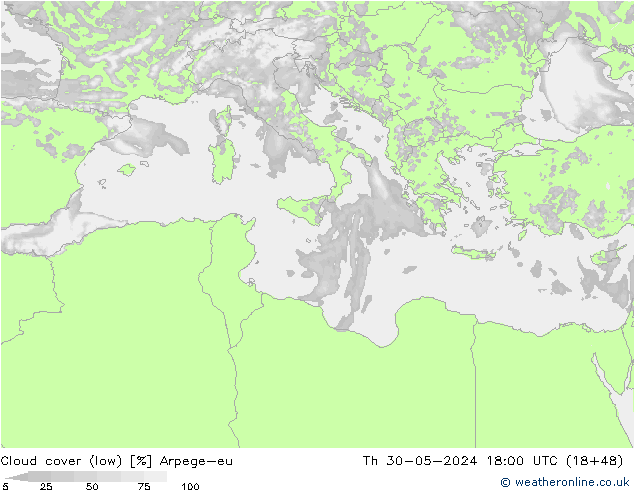 Cloud cover (low) Arpege-eu Th 30.05.2024 18 UTC