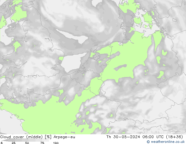 Cloud cover (middle) Arpege-eu Th 30.05.2024 06 UTC