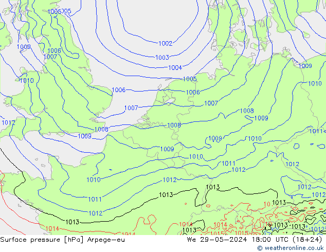 Atmosférický tlak Arpege-eu St 29.05.2024 18 UTC