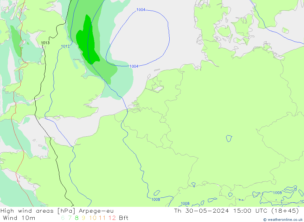 High wind areas Arpege-eu  30.05.2024 15 UTC