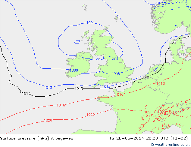Surface pressure Arpege-eu Tu 28.05.2024 20 UTC
