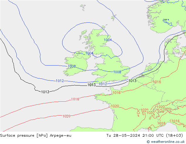 Atmosférický tlak Arpege-eu Út 28.05.2024 21 UTC