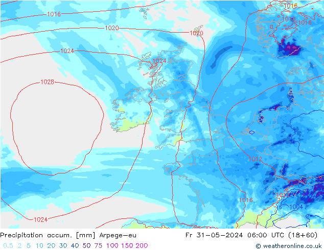 Précipitation accum. Arpege-eu ven 31.05.2024 06 UTC