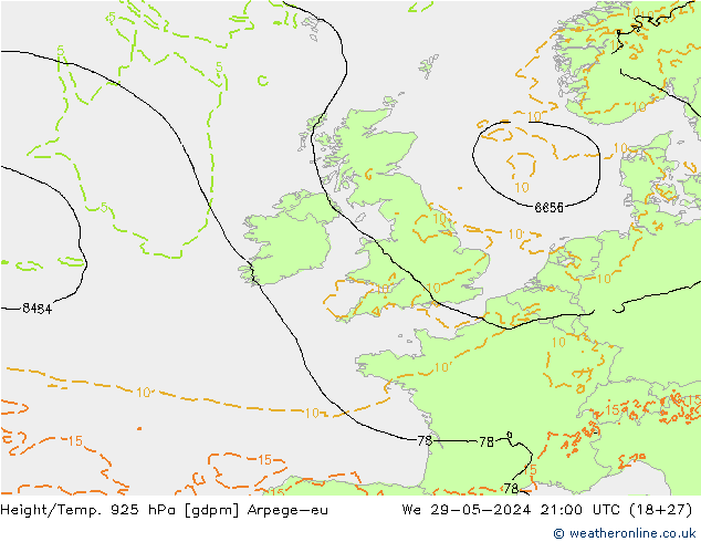 Height/Temp. 925 hPa Arpege-eu mer 29.05.2024 21 UTC