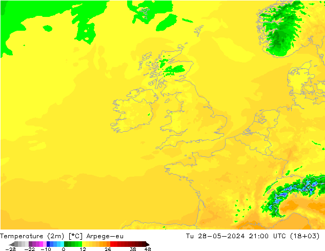 Temperature (2m) Arpege-eu Út 28.05.2024 21 UTC