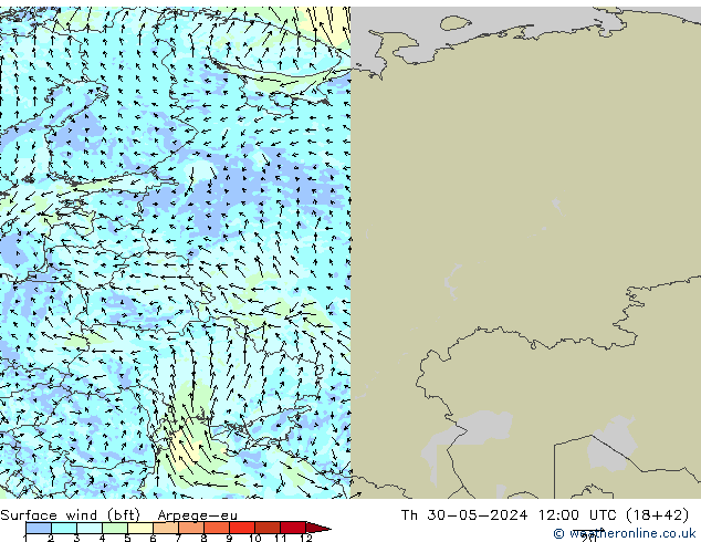 wiatr 10 m (bft) Arpege-eu czw. 30.05.2024 12 UTC