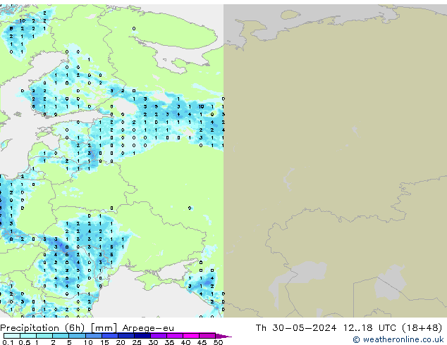 Totale neerslag (6h) Arpege-eu do 30.05.2024 18 UTC