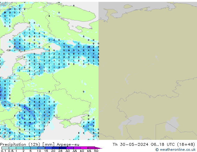 Totale neerslag (12h) Arpege-eu do 30.05.2024 18 UTC