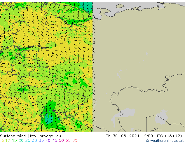 Viento 10 m Arpege-eu jue 30.05.2024 12 UTC