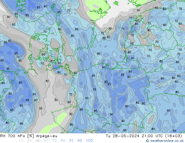 RH 700 hPa Arpege-eu Tu 28.05.2024 21 UTC