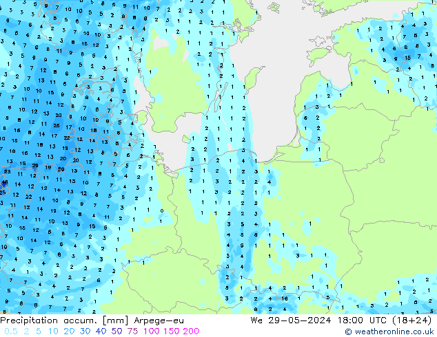 Totale neerslag Arpege-eu wo 29.05.2024 18 UTC