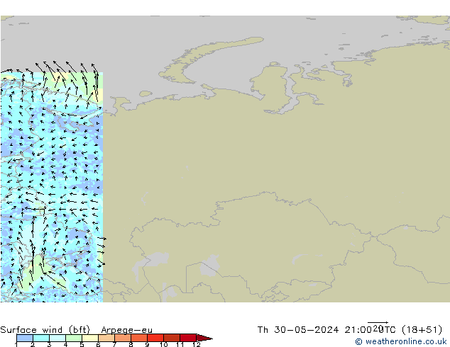 Surface wind (bft) Arpege-eu Čt 30.05.2024 21 UTC