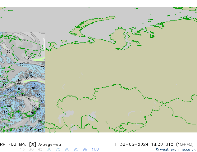 Humidité rel. 700 hPa Arpege-eu jeu 30.05.2024 18 UTC