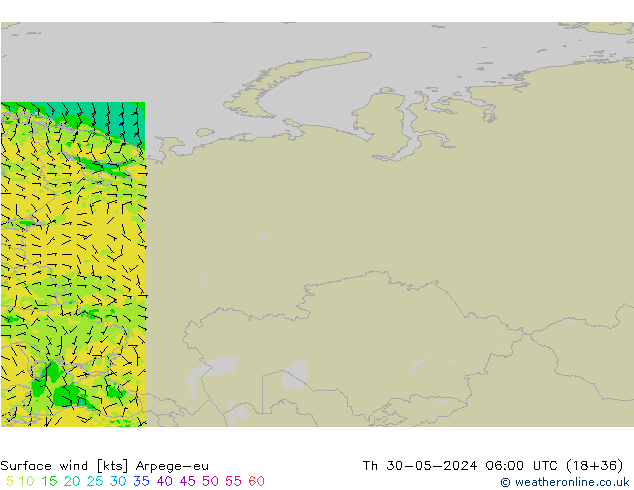 Surface wind Arpege-eu Th 30.05.2024 06 UTC