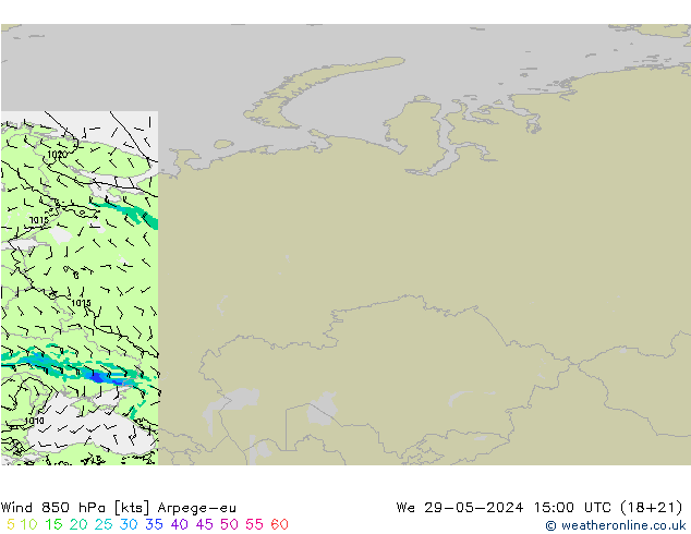 Vento 850 hPa Arpege-eu mer 29.05.2024 15 UTC