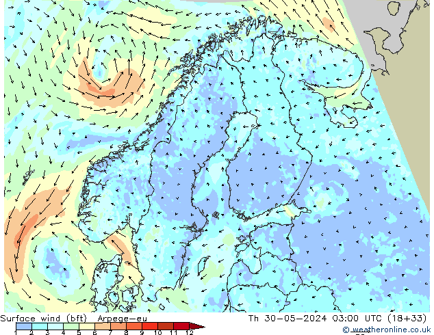 Surface wind (bft) Arpege-eu Th 30.05.2024 03 UTC