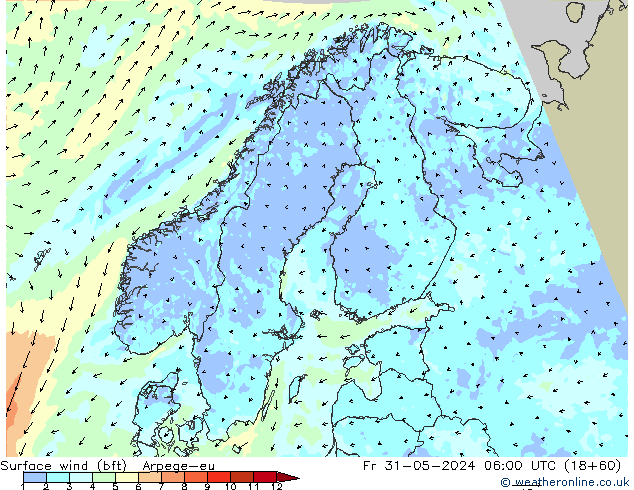 Vento 10 m (bft) Arpege-eu ven 31.05.2024 06 UTC