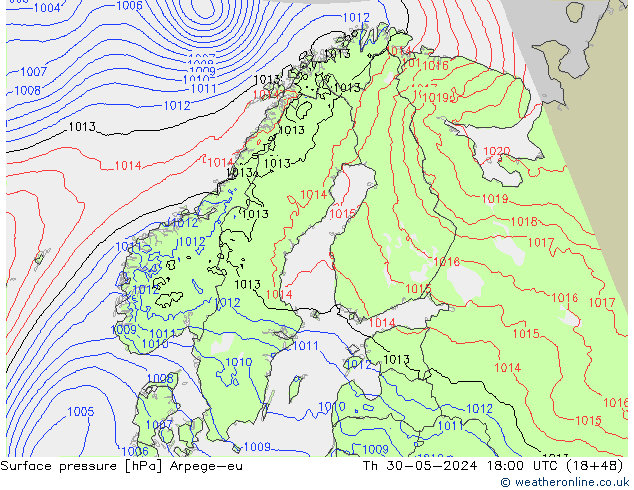 Pressione al suolo Arpege-eu gio 30.05.2024 18 UTC