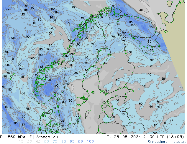 RH 850 hPa Arpege-eu  28.05.2024 21 UTC