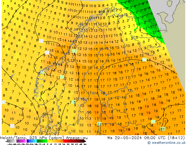 Height/Temp. 925 hPa Arpege-eu Mi 29.05.2024 06 UTC