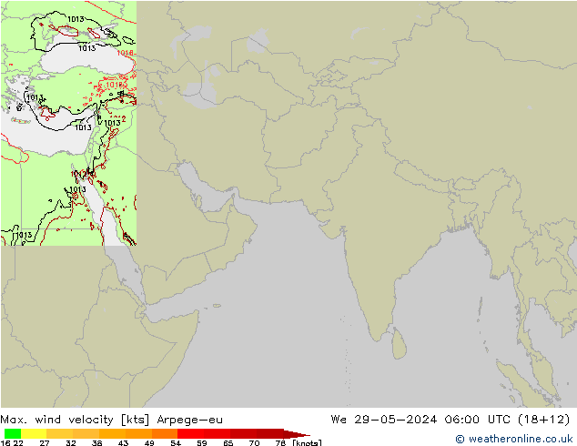 Max. wind velocity Arpege-eu 星期三 29.05.2024 06 UTC