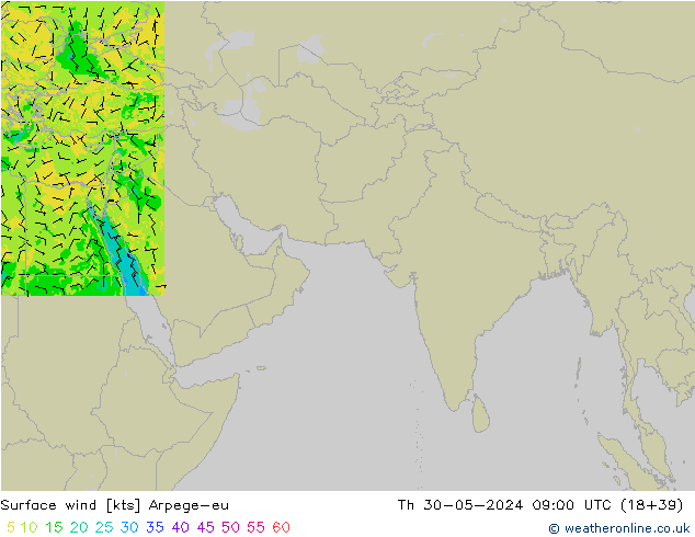 Vento 10 m Arpege-eu Qui 30.05.2024 09 UTC