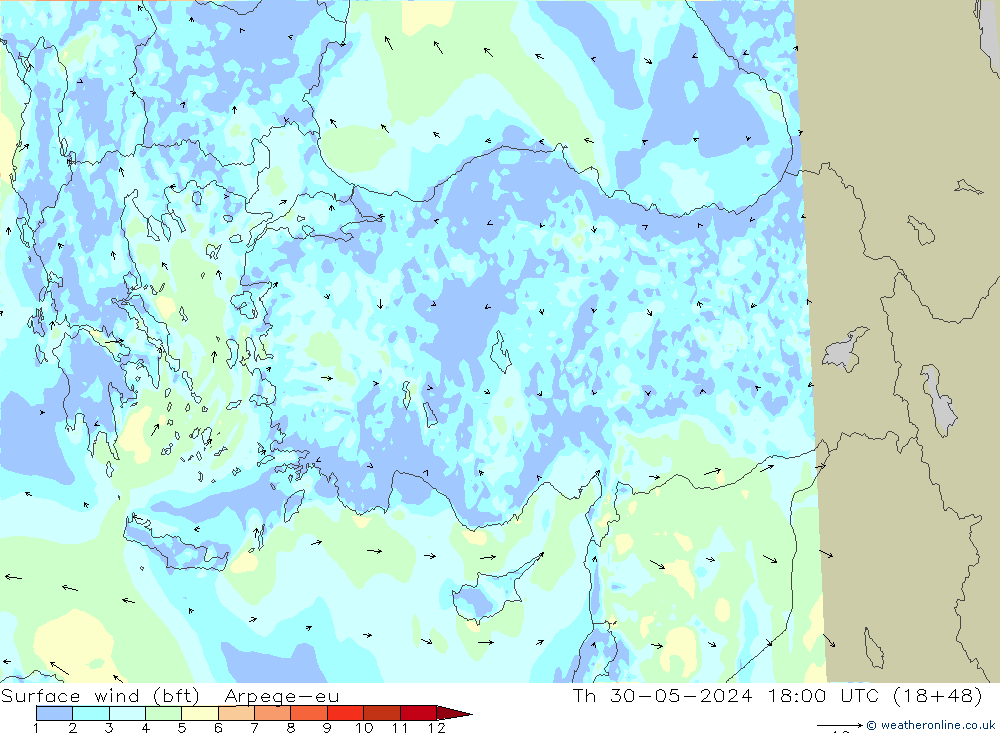 ве�Bе�@ 10 m (bft) Arpege-eu чт 30.05.2024 18 UTC