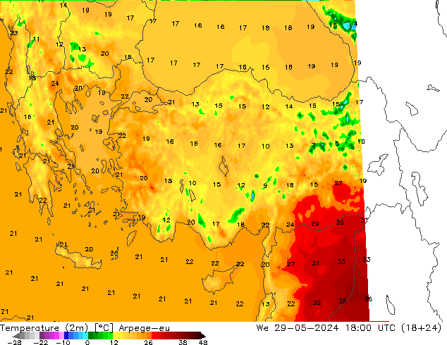 température (2m) Arpege-eu mer 29.05.2024 18 UTC