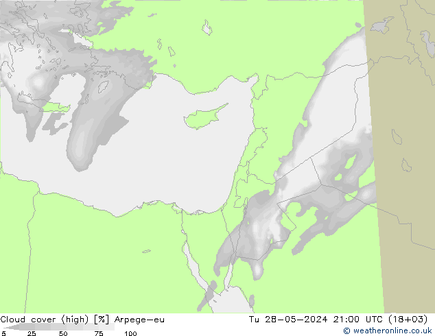 Cloud cover (high) Arpege-eu Tu 28.05.2024 21 UTC
