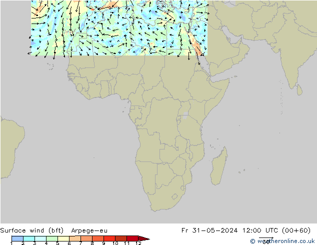 Surface wind (bft) Arpege-eu Fr 31.05.2024 12 UTC