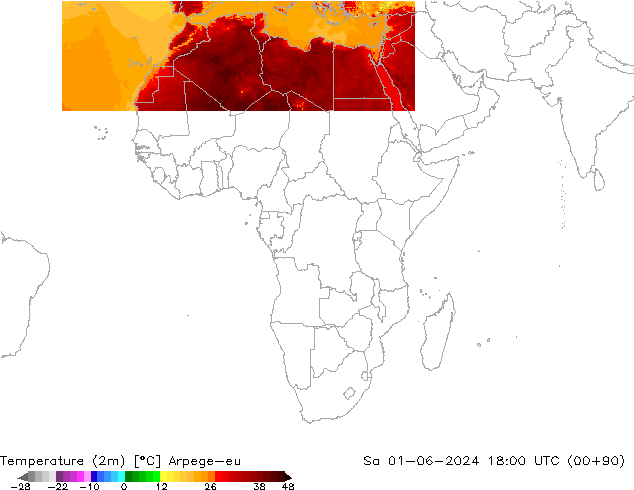 mapa temperatury (2m) Arpege-eu so. 01.06.2024 18 UTC