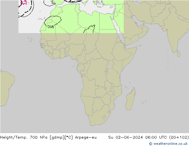 Height/Temp. 700 hPa Arpege-eu Su 02.06.2024 06 UTC