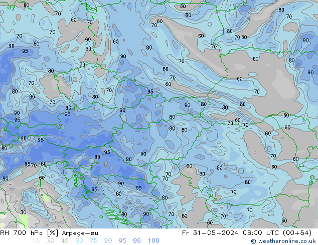Humidité rel. 700 hPa Arpege-eu ven 31.05.2024 06 UTC