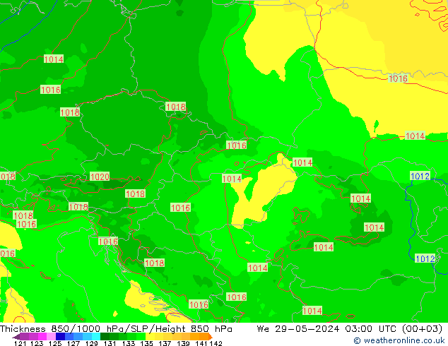 850-1000 hPa Kalınlığı Arpege-eu Çar 29.05.2024 03 UTC