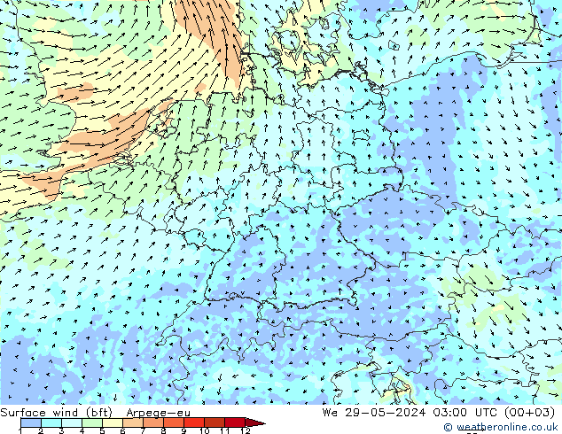 Surface wind (bft) Arpege-eu We 29.05.2024 03 UTC