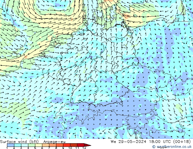 Surface wind (bft) Arpege-eu We 29.05.2024 18 UTC