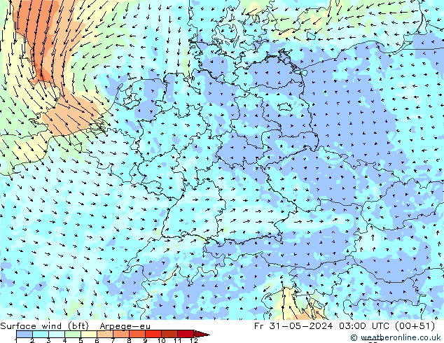 Surface wind (bft) Arpege-eu Fr 31.05.2024 03 UTC