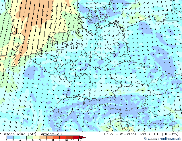 Vento 10 m (bft) Arpege-eu Sex 31.05.2024 18 UTC