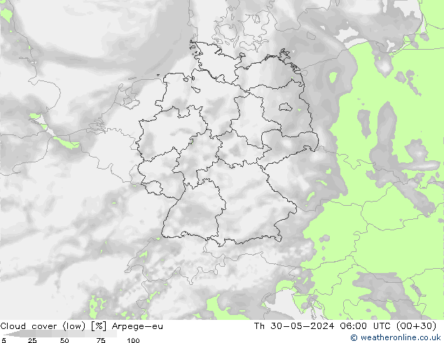 Cloud cover (low) Arpege-eu Th 30.05.2024 06 UTC