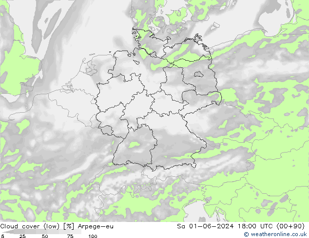 Cloud cover (low) Arpege-eu Sa 01.06.2024 18 UTC