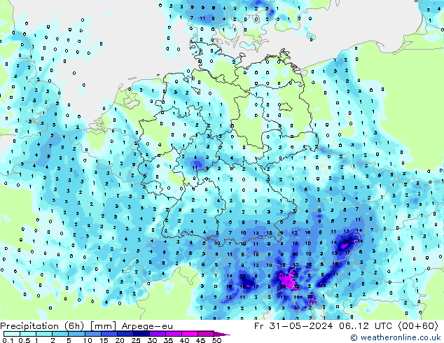 осадки (6h) Arpege-eu пт 31.05.2024 12 UTC