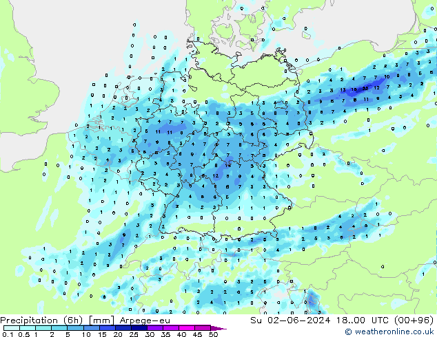 осадки (6h) Arpege-eu Вс 02.06.2024 00 UTC